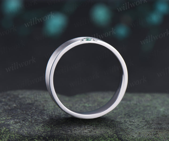 Solitaire Green Sapphire Men Wedding Ring Brushed Finish Geometric Band Minimalist Sapphire Ring for Him
