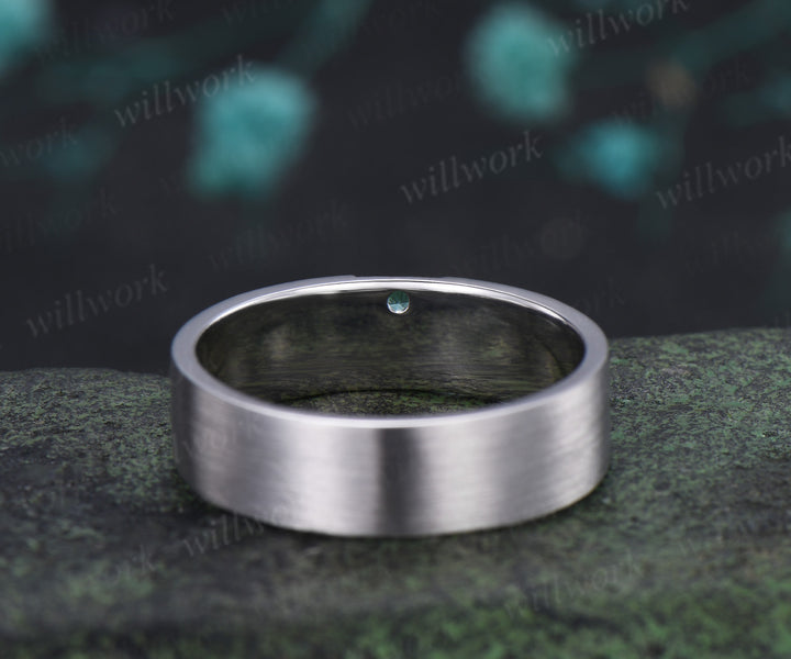 Solitaire Green Sapphire Men Wedding Ring Brushed Finish Geometric Band Minimalist Sapphire Ring for Him
