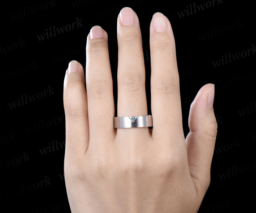 Solitaire Green Sapphire Men Wedding Ring Brushed Finish Geometric Band Minimalist Sapphire Ring for Him