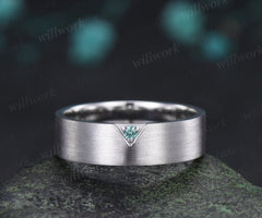 Solitaire Green Sapphire Men Wedding Ring Brushed Finish Geometric Band Minimalist Sapphire Ring for Him