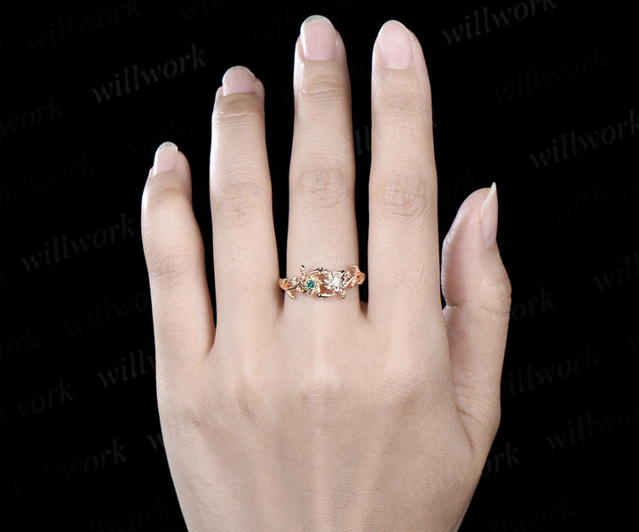 Dainty flower emerald moissanite ring twig leaf vine engagement ring Toi et moi promise ring for women gifts for her