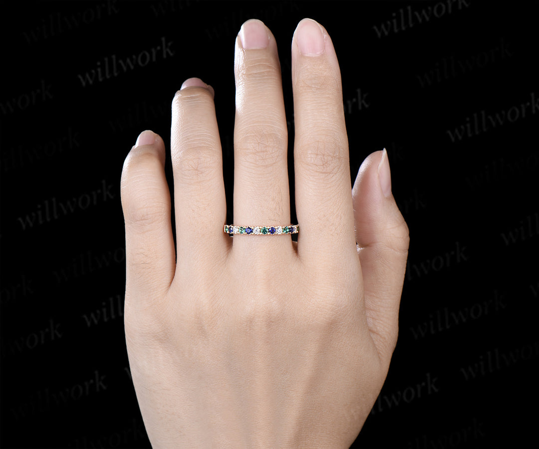 Round emerald sapphire moissanite wedding band minimalist half eternity stacking ring matching band