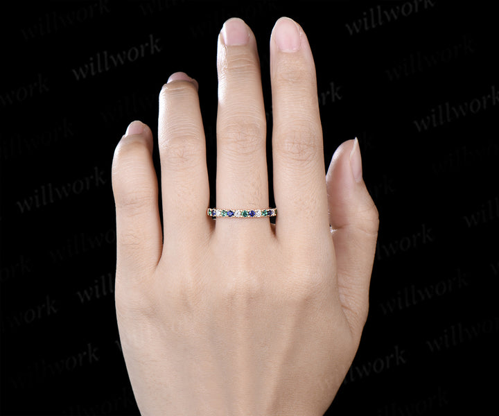 Round emerald sapphire moissanite wedding band minimalist half eternity stacking ring matching band