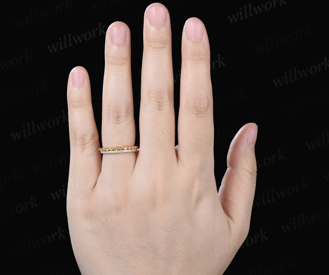 Double Row Yellow & White Diamond Half Eternity Wedding Band Unique Stacking Ring Gifts for Her