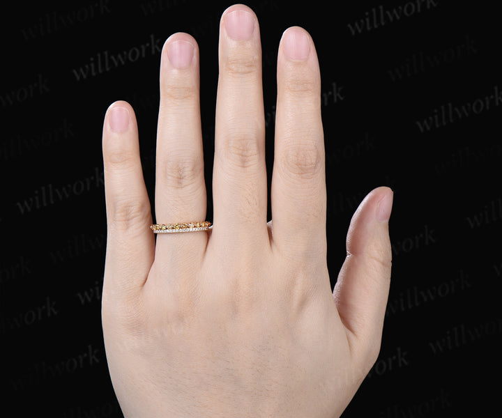 Double Row Yellow & White Diamond Half Eternity Wedding Band Unique Stacking Ring Gifts for Her