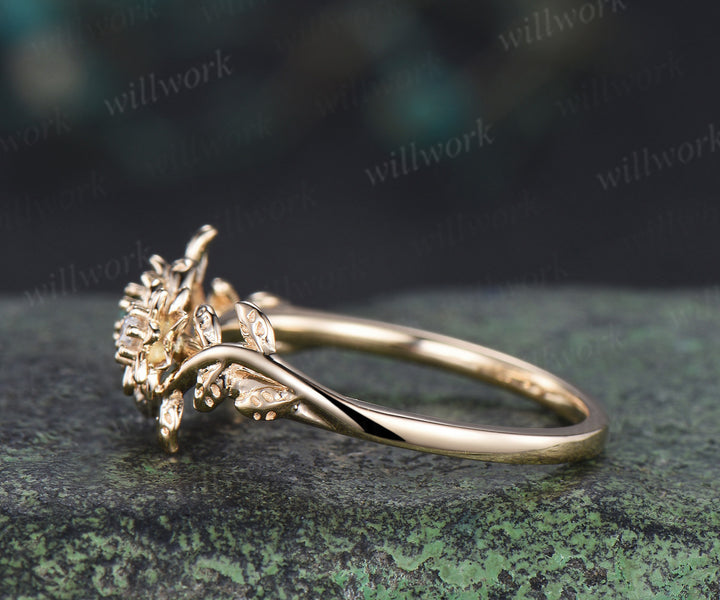 Dainty flower emerald moissanite ring twig leaf vine engagement ring Toi et moi promise ring for women gifts for her