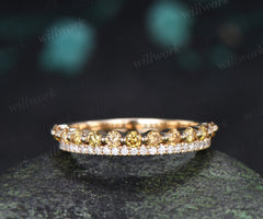 Double Row Yellow & White Diamond Half Eternity Wedding Band Unique Stacking Ring Gifts for Her