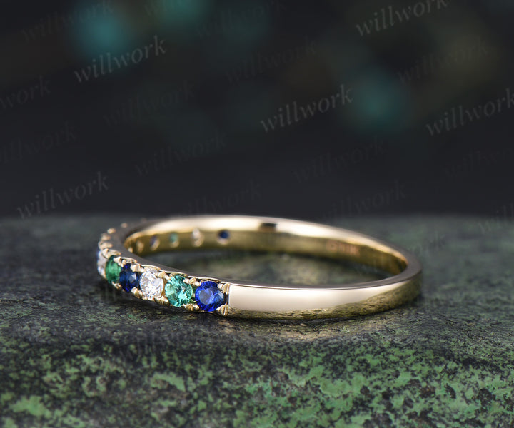Round emerald sapphire moissanite wedding band minimalist half eternity stacking ring matching band