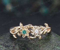 Dainty flower emerald moissanite ring twig leaf vine engagement ring Toi et moi promise ring for women gifts for her