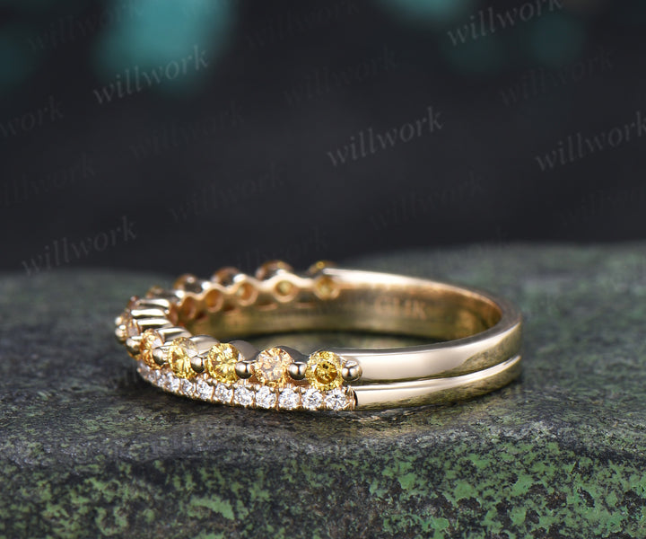 Double Row Yellow & White Diamond Half Eternity Wedding Band Unique Stacking Ring Gifts for Her