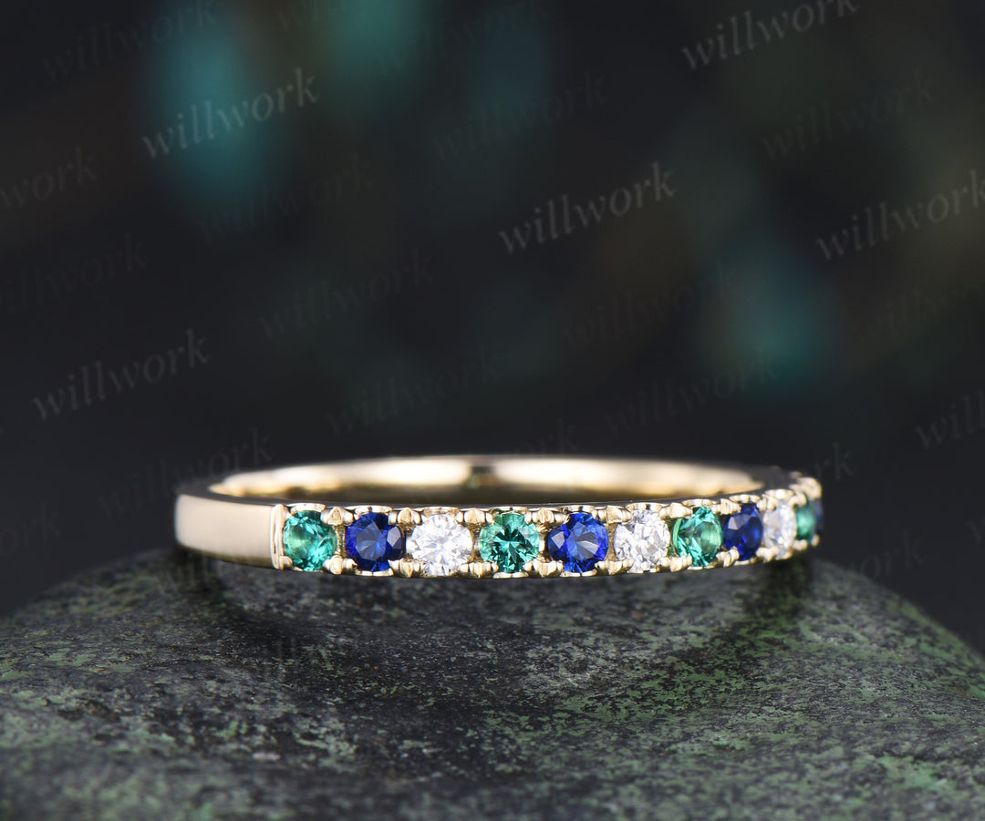 Round emerald sapphire moissanite wedding band minimalist half eternity stacking ring matching band