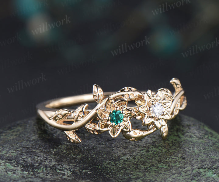 Dainty flower emerald moissanite ring twig leaf vine engagement ring Toi et moi promise ring for women gifts for her