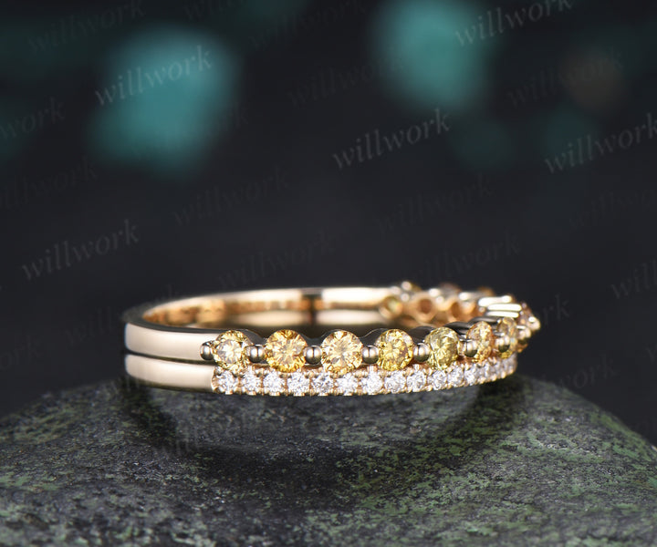 Double Row Yellow & White Diamond Half Eternity Wedding Band Unique Stacking Ring Gifts for Her