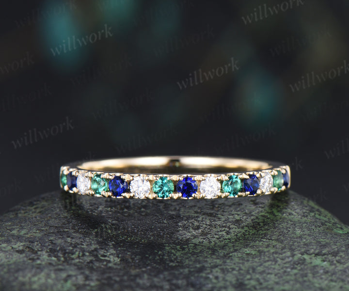 Round emerald sapphire moissanite wedding band minimalist half eternity stacking ring matching band