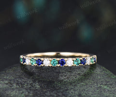 Round emerald sapphire moissanite wedding band minimalist half eternity stacking ring matching band