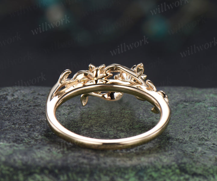 Dainty flower emerald moissanite ring twig leaf vine engagement ring Toi et moi promise ring for women gifts for her