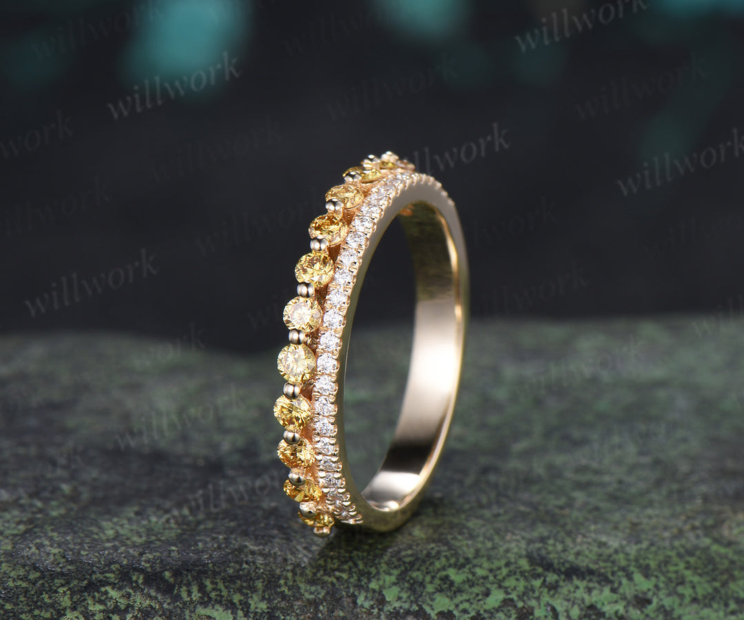 Double Row Yellow & White Diamond Half Eternity Wedding Band Unique Stacking Ring Gifts for Her