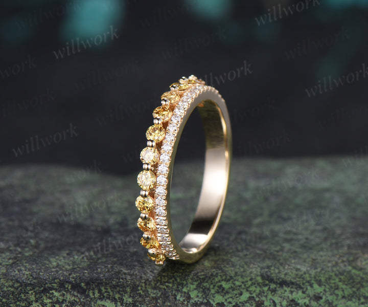Double Row Yellow & White Diamond Half Eternity Wedding Band Unique Stacking Ring Gifts for Her