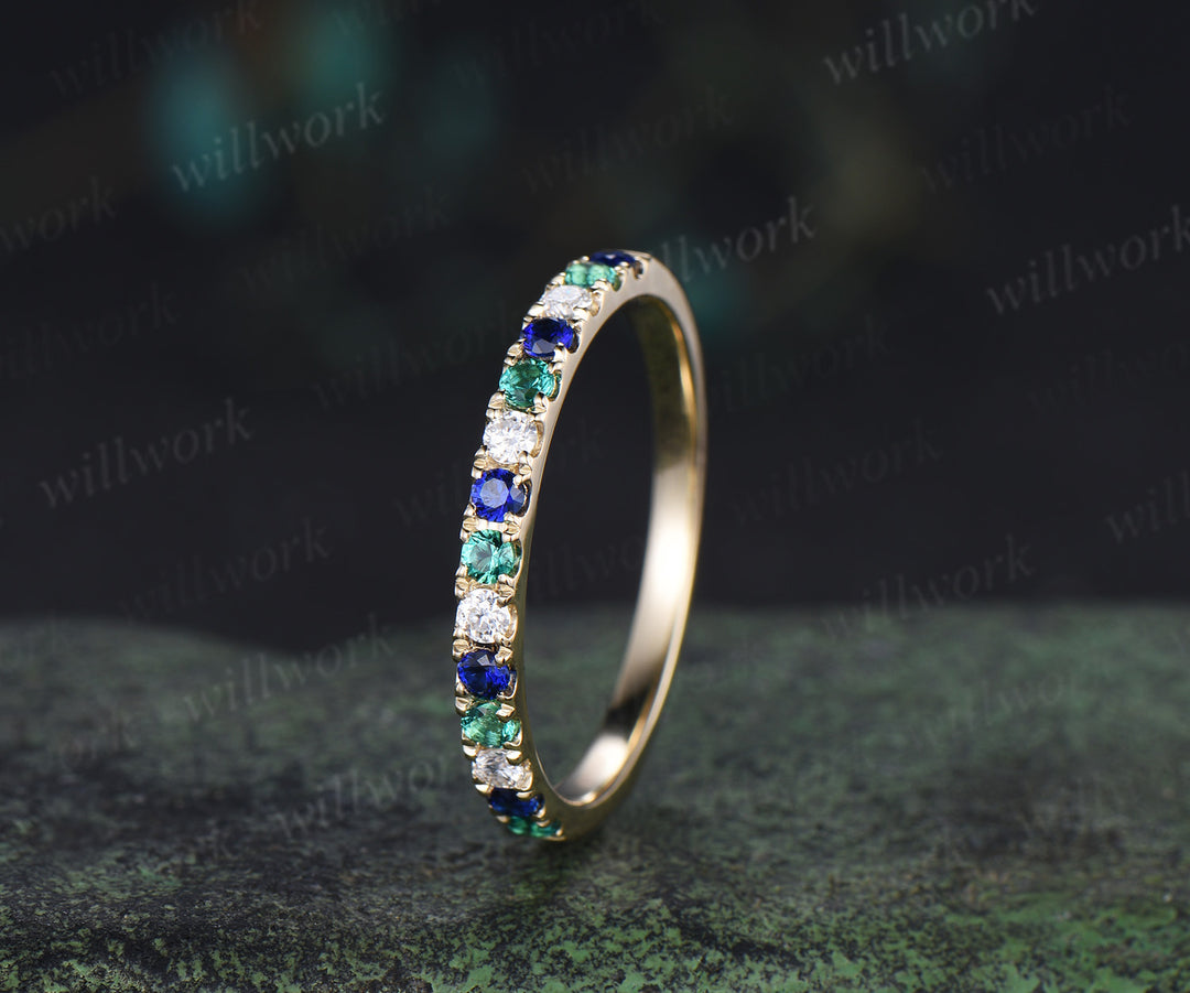 Round emerald sapphire moissanite wedding band minimalist half eternity stacking ring matching band