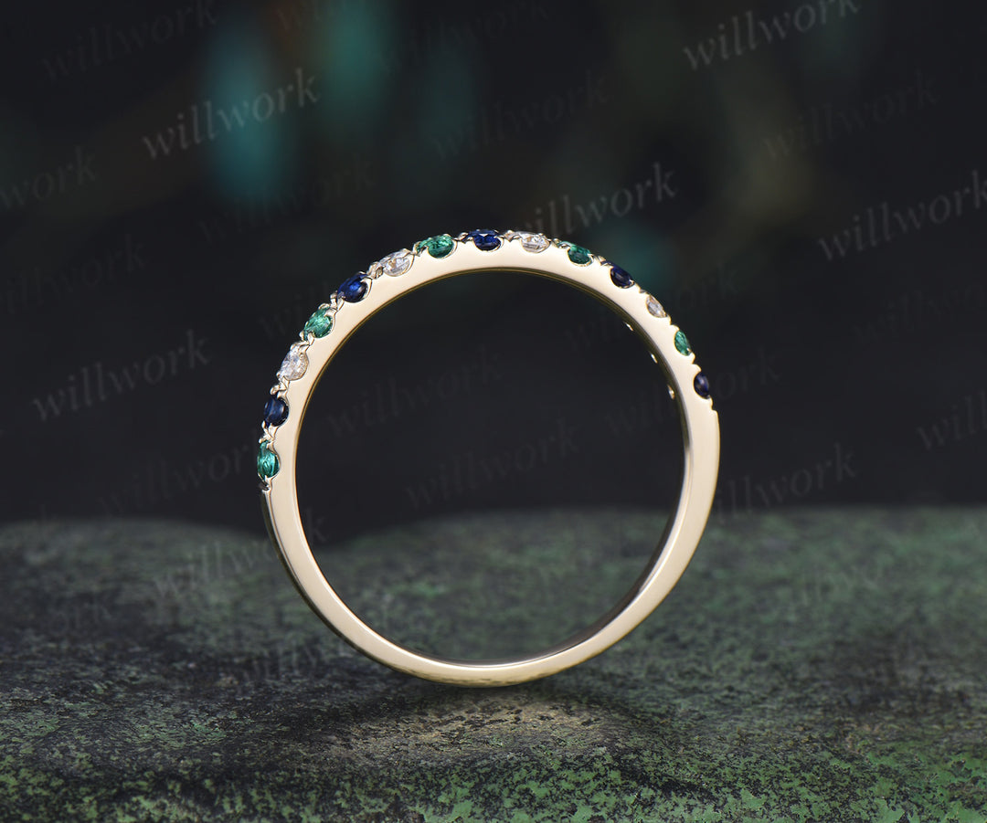 Round emerald sapphire moissanite wedding band minimalist half eternity stacking ring matching band