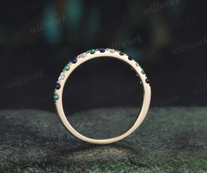 Round emerald sapphire moissanite wedding band minimalist half eternity stacking ring matching band