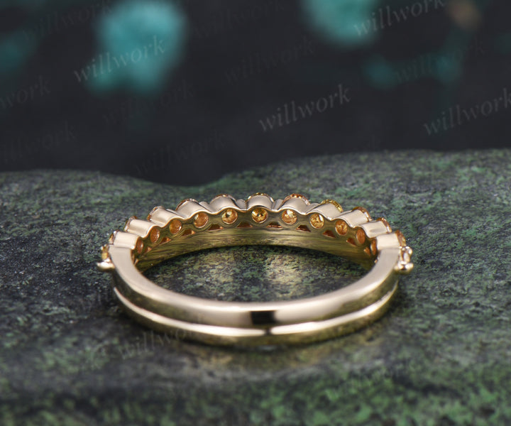 Double Row Yellow & White Diamond Half Eternity Wedding Band Unique Stacking Ring Gifts for Her