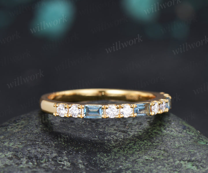 Baguette London Blue Topaz Moissanite Wedding Band Half Eternity Stacking Ring Gifts for Women