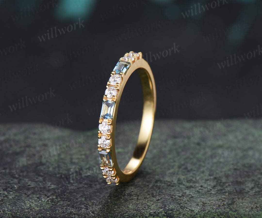 Baguette London Blue Topaz Moissanite Wedding Band Half Eternity Stacking Ring Gifts for Women