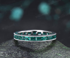 Baguette Cut Emerald Wedding Ring Vintage Milgrain Channel Set Full Eternity Band Stacking Ring Anniversary Gift