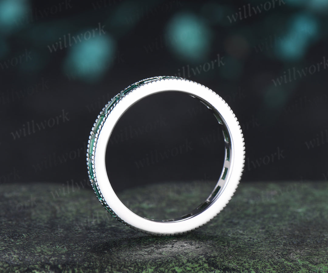 Baguette Cut Emerald Wedding Ring Vintage Milgrain Channel Set Full Eternity Band Stacking Ring Anniversary Gift