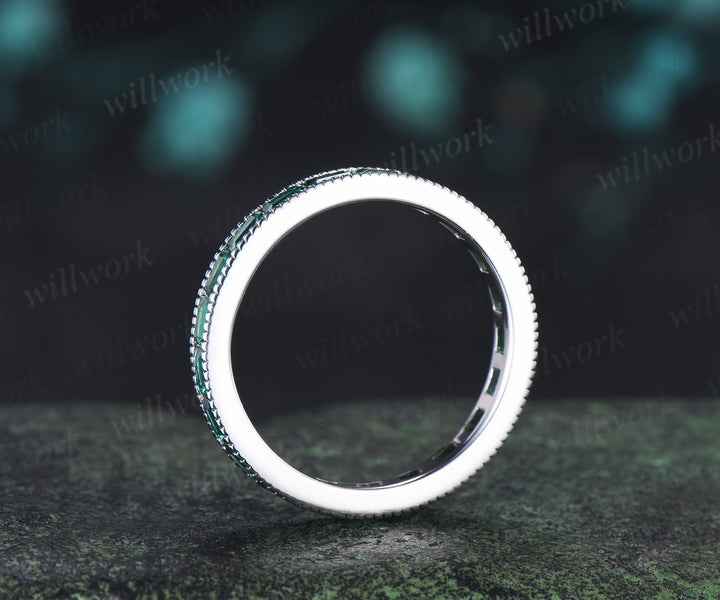 Baguette Cut Emerald Wedding Ring Vintage Milgrain Channel Set Full Eternity Band Stacking Ring Anniversary Gift