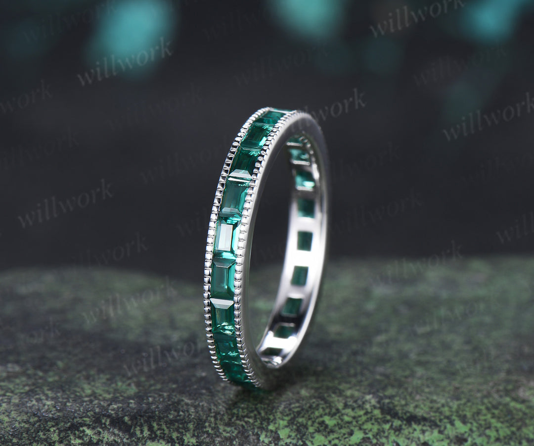 Baguette Cut Emerald Wedding Ring Vintage Milgrain Channel Set Full Eternity Band Stacking Ring Anniversary Gift