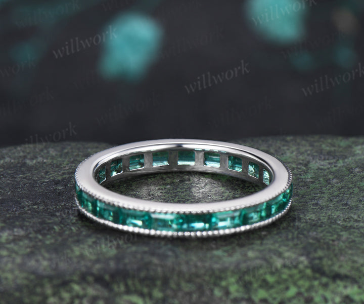 Baguette Cut Emerald Wedding Ring Vintage Milgrain Channel Set Full Eternity Band Stacking Ring Anniversary Gift