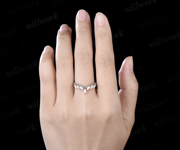 Marquise Cut Opal Emerald Wedding Band Half Eternity Band Curved Matching Ring
