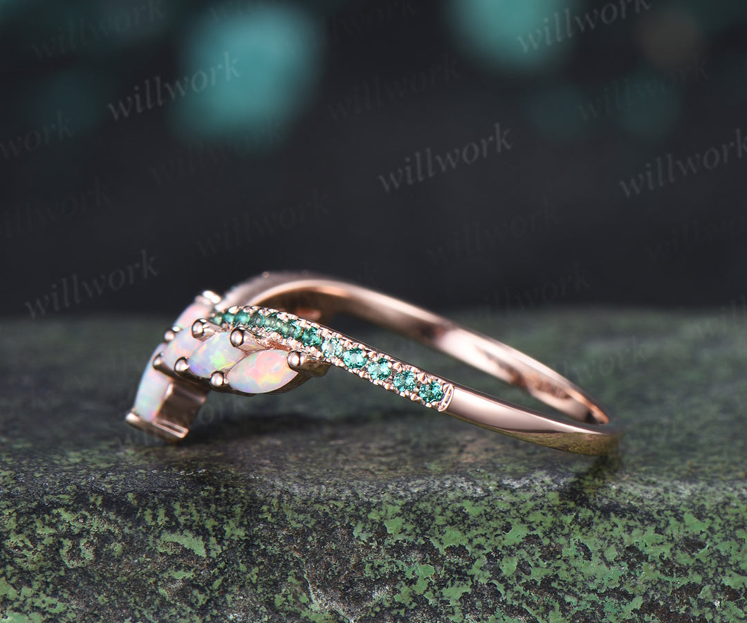 Marquise Cut Opal Emerald Wedding Band Half Eternity Band Curved Matching Ring
