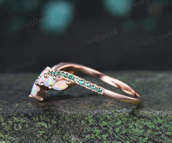 Marquise Cut Opal Emerald Wedding Band Half Eternity Band Curved Matching Ring