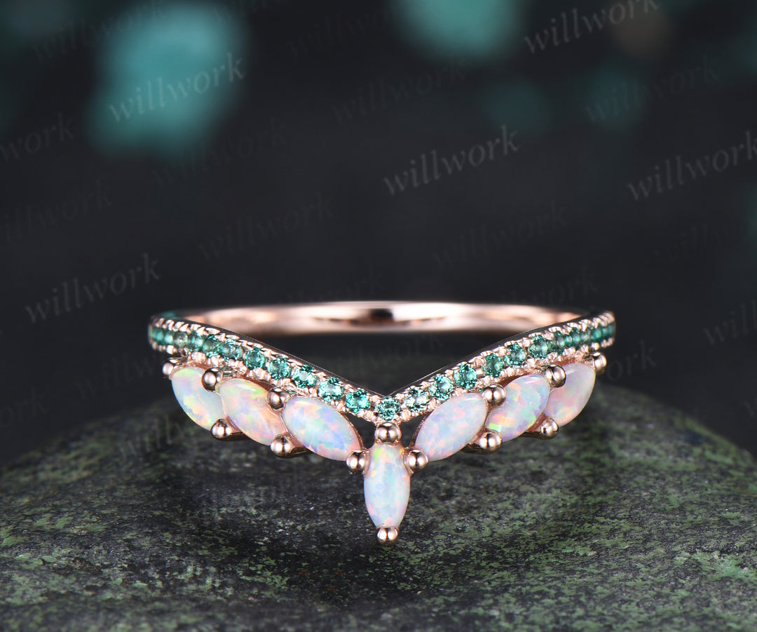 Marquise Cut Opal Emerald Wedding Band Half Eternity Band Curved Matching Ring