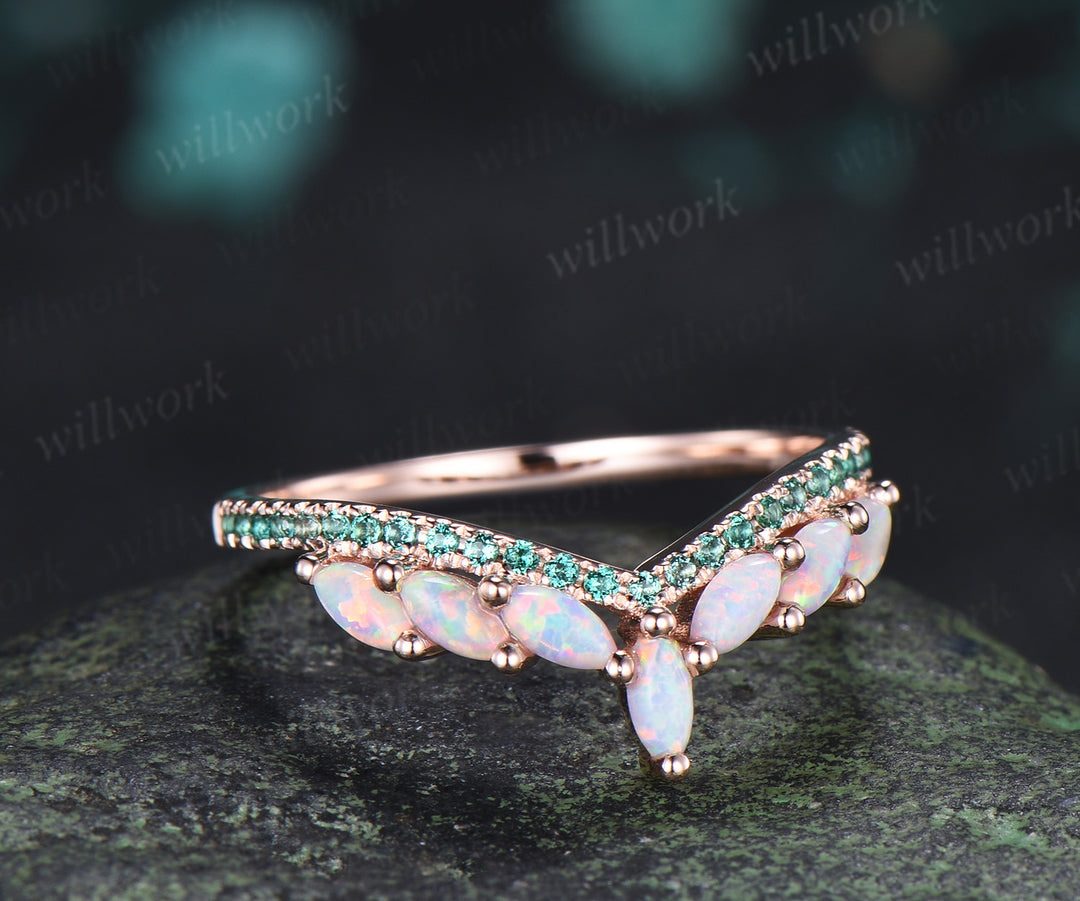 Marquise Cut Opal Emerald Wedding Band Half Eternity Band Curved Matching Ring