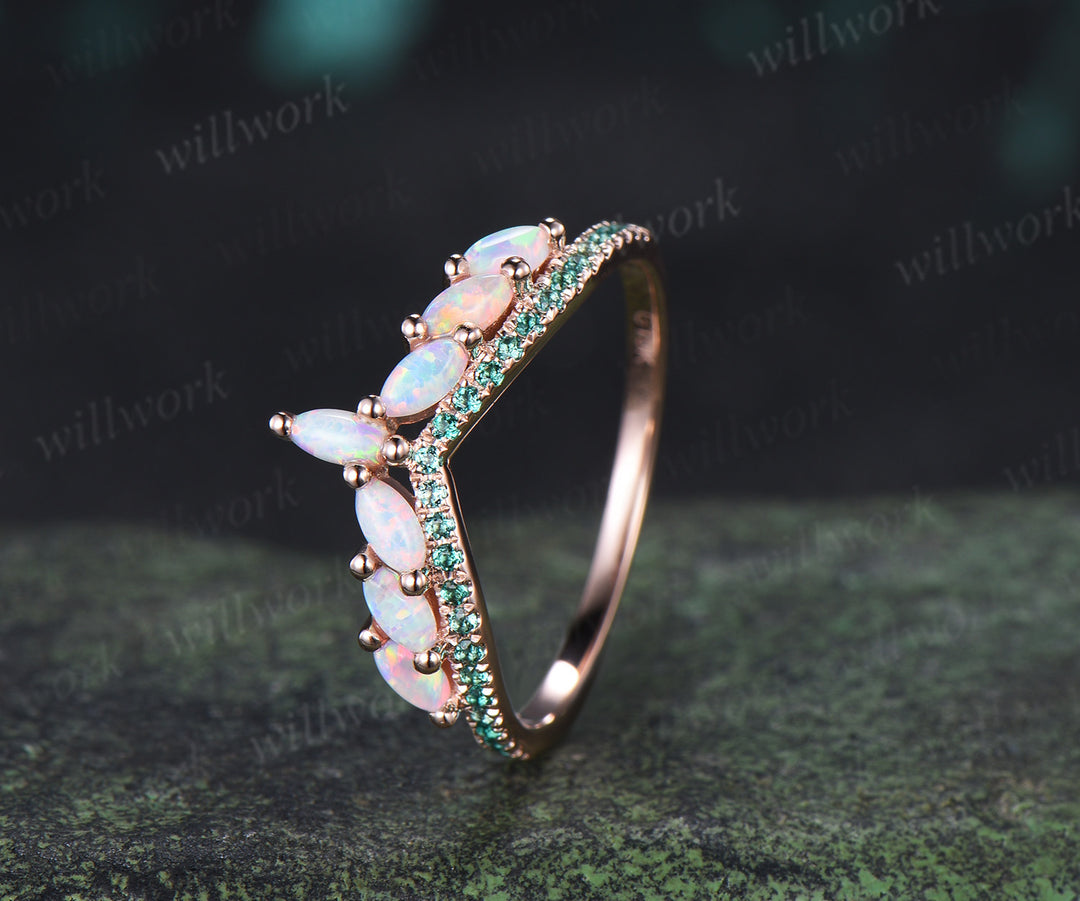 Marquise Cut Opal Emerald Wedding Band Half Eternity Band Curved Matching Ring