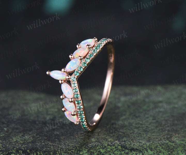 Marquise Cut Opal Emerald Wedding Band Half Eternity Band Curved Matching Ring