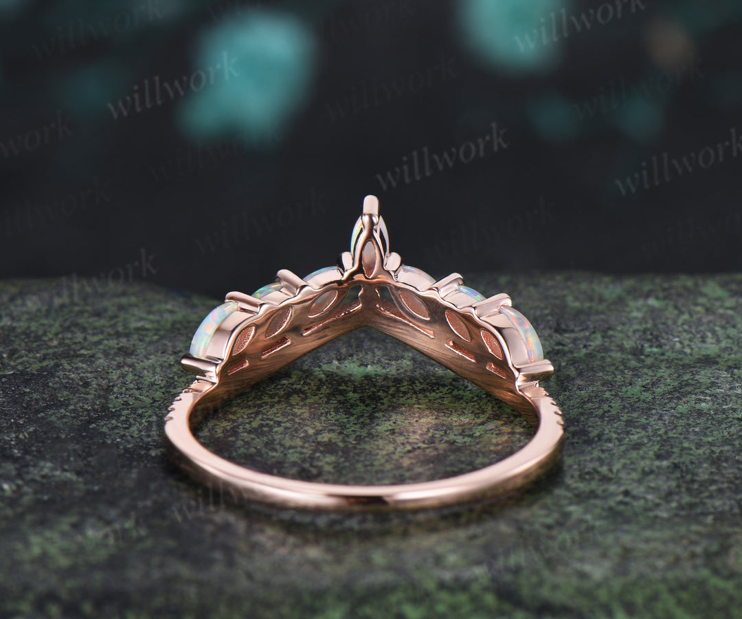 Marquise Cut Opal Emerald Wedding Band Half Eternity Band Curved Matching Ring