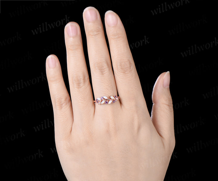 Marquise Opal & Amethyst Wedding Band Garden Inspired Leaf Ring Nature Inspired Bridal Jewelry