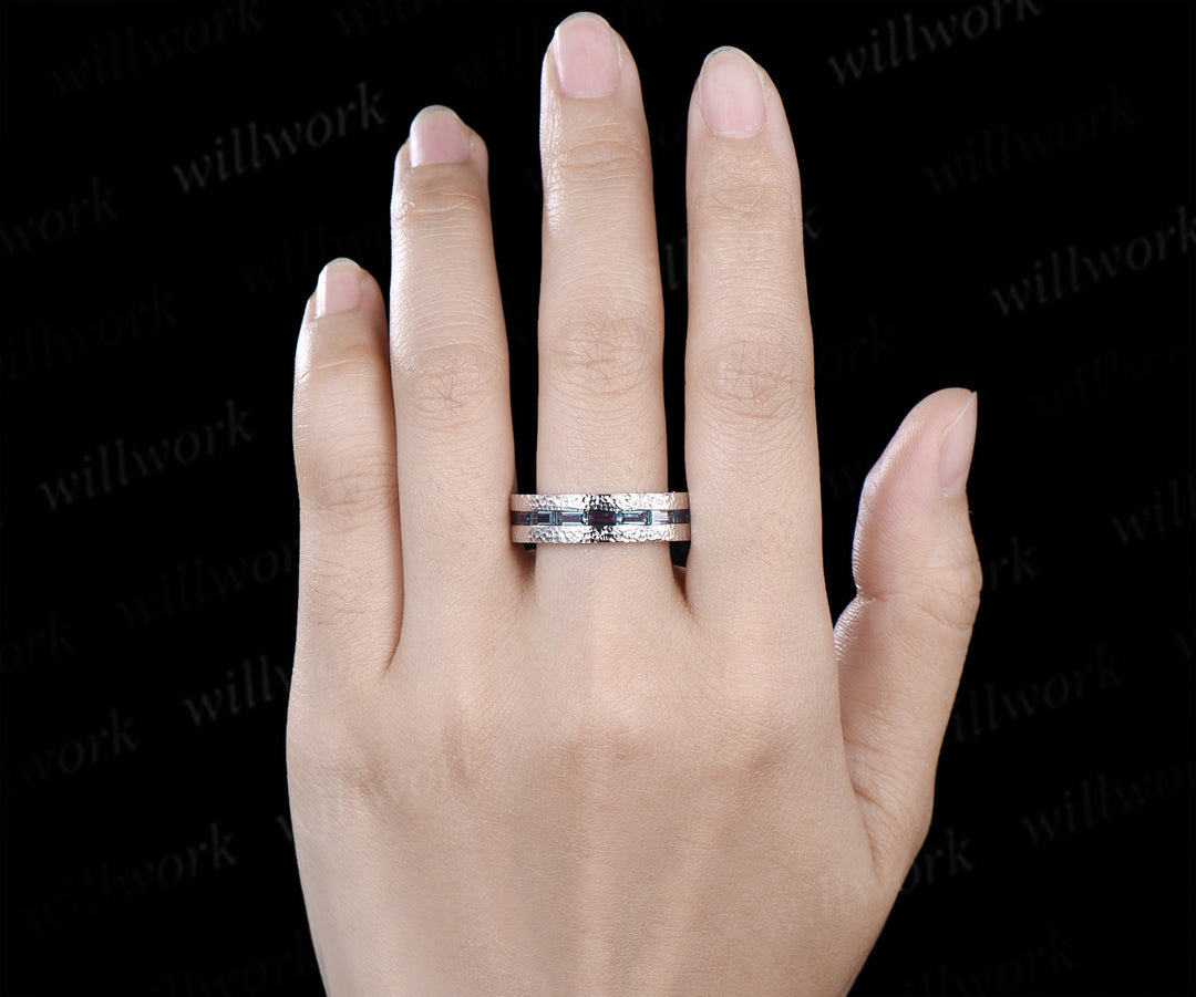 Vintage Baguette cut alexandrite wedding ring half eternity mens hammered promise anniversary ring