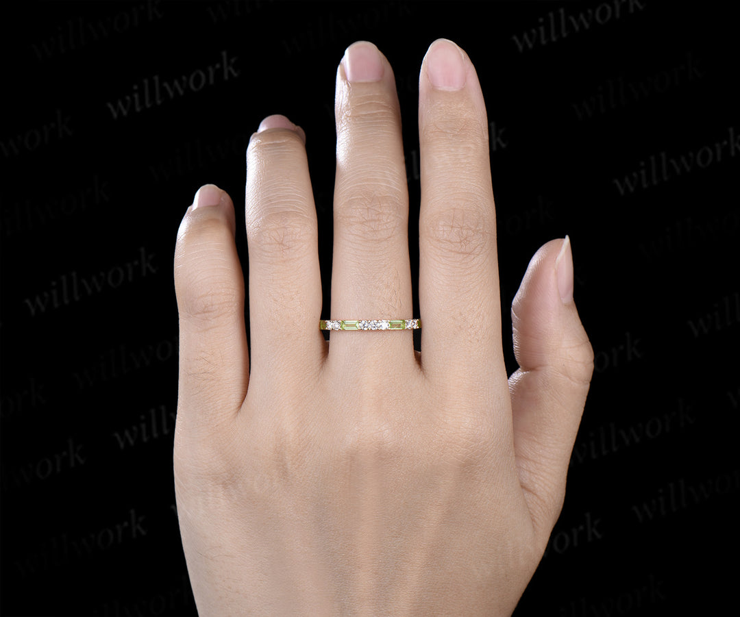 Minimalist baguette cut peridot moissanite wedding band full eternity band stackable ring for women