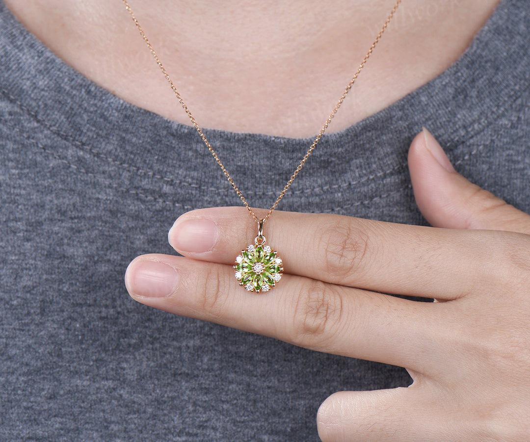 Marquise peridot moissanite flower pendant necklace vintage milgrain gemstone necklace for women