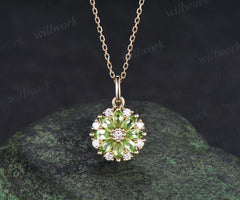 Marquise peridot moissanite flower pendant necklace vintage milgrain gemstone necklace for women