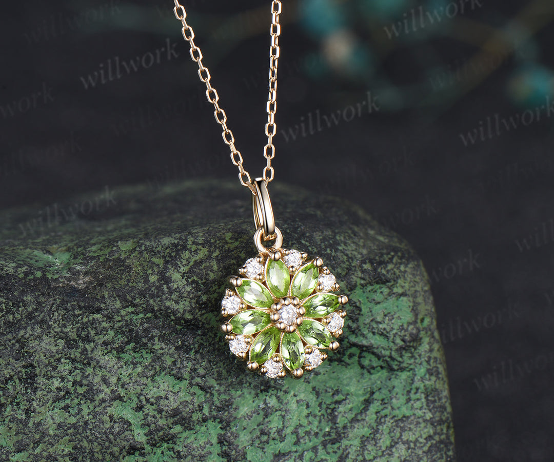 Marquise peridot moissanite flower pendant necklace vintage milgrain gemstone necklace for women