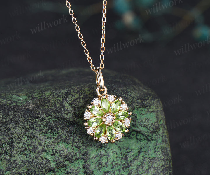 Marquise peridot moissanite flower pendant necklace vintage milgrain gemstone necklace for women