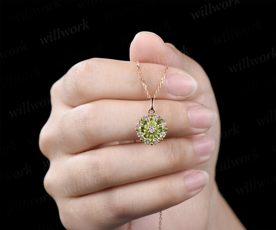 Marquise peridot moissanite flower pendant necklace vintage milgrain gemstone necklace for women