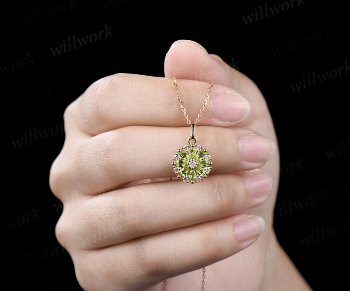 Marquise peridot moissanite flower pendant necklace vintage milgrain gemstone necklace for women